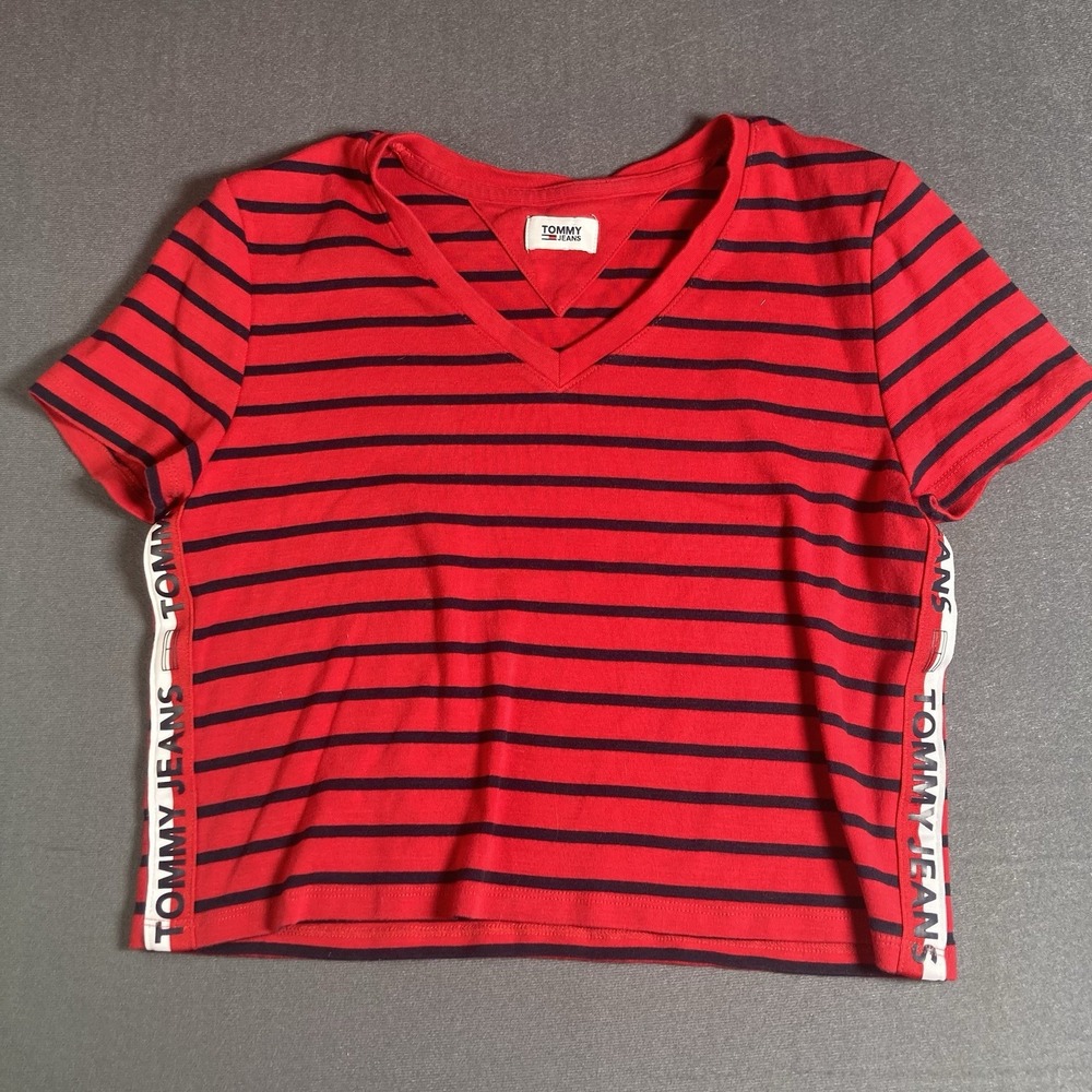 Tommy Jeans Y2K Striped V Neck Crop Top Red Black Side Tape Logo Baby Tee S